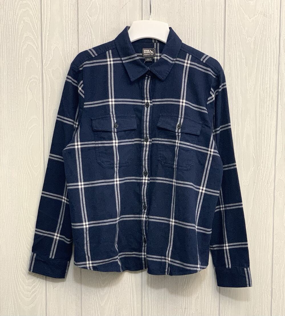 Eddie Bauer Blue White Brook Plaid Flannel Long Sleeve Top Large NWT